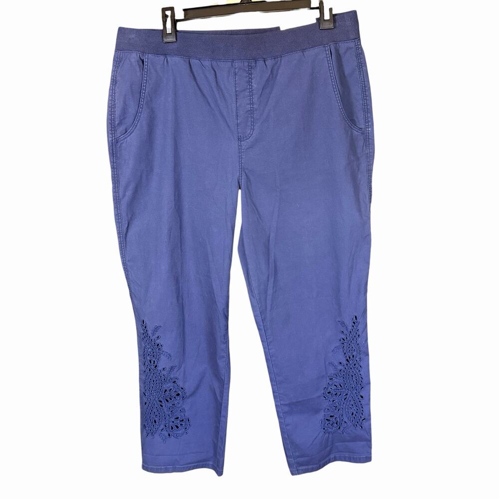 Chicos Womens Pull On Pants Sz 2 US 12 Blue Embroidered Crop Casual Capsule